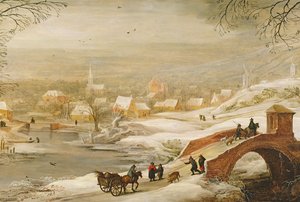 A Winter River Landscape with Travellers on a Bridge and a Town in the Distance, Late 1720s